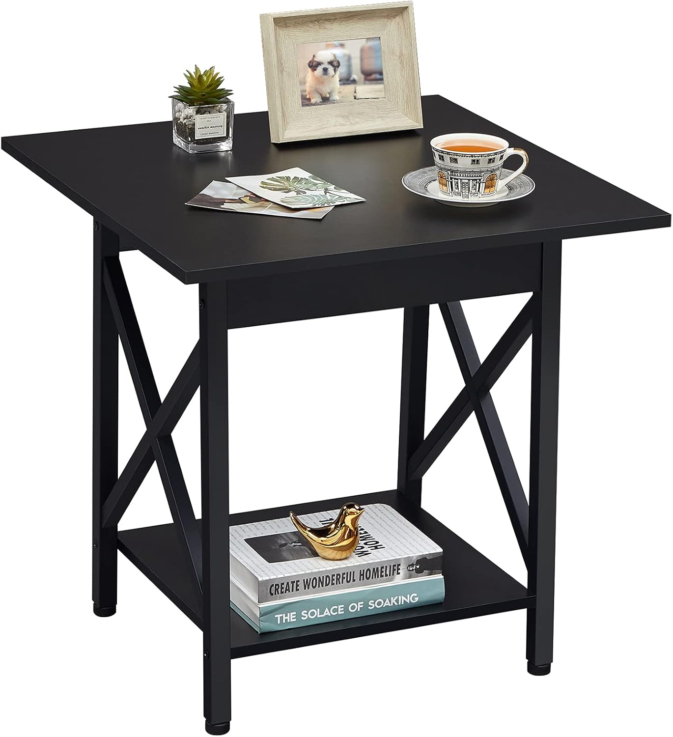 GreenForest End Table 24 inch Industrial Design Side Table with Storage Shelf for Living Room, Easy Assembly, Rustic Walnut Pack of 2