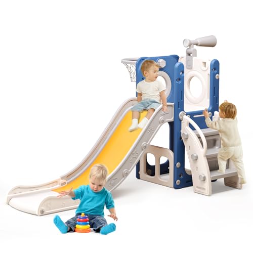 6 in 1 Toddler Playset with Slide, Kids Slide with Basketball Hoop, Ball, Ring Toss, Indoor Outdoor Toys (White Grey)