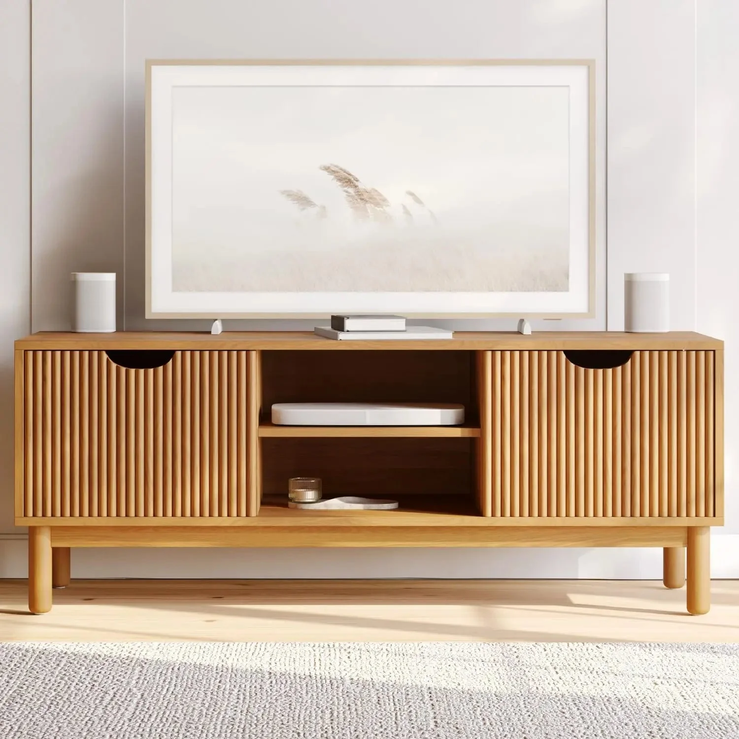 Low Profile Fluted TV Stand - Mid Century Media Console - Living Room Furniture - 48&rdquo; Entertainment Center with Shelves