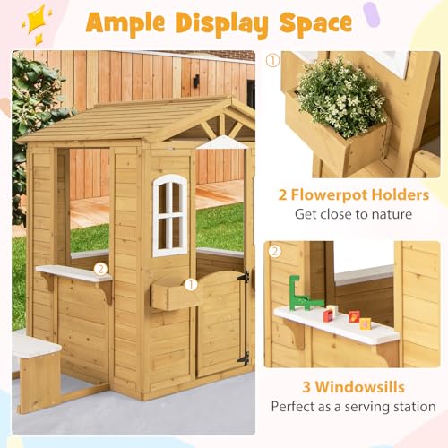 Costzon Outdoor Playhouse, Fir Wood Patio Pretend Play Center w/Bench, Mailbox, Fence, Serving Stations, Flowerpot Holders, Windows & Door