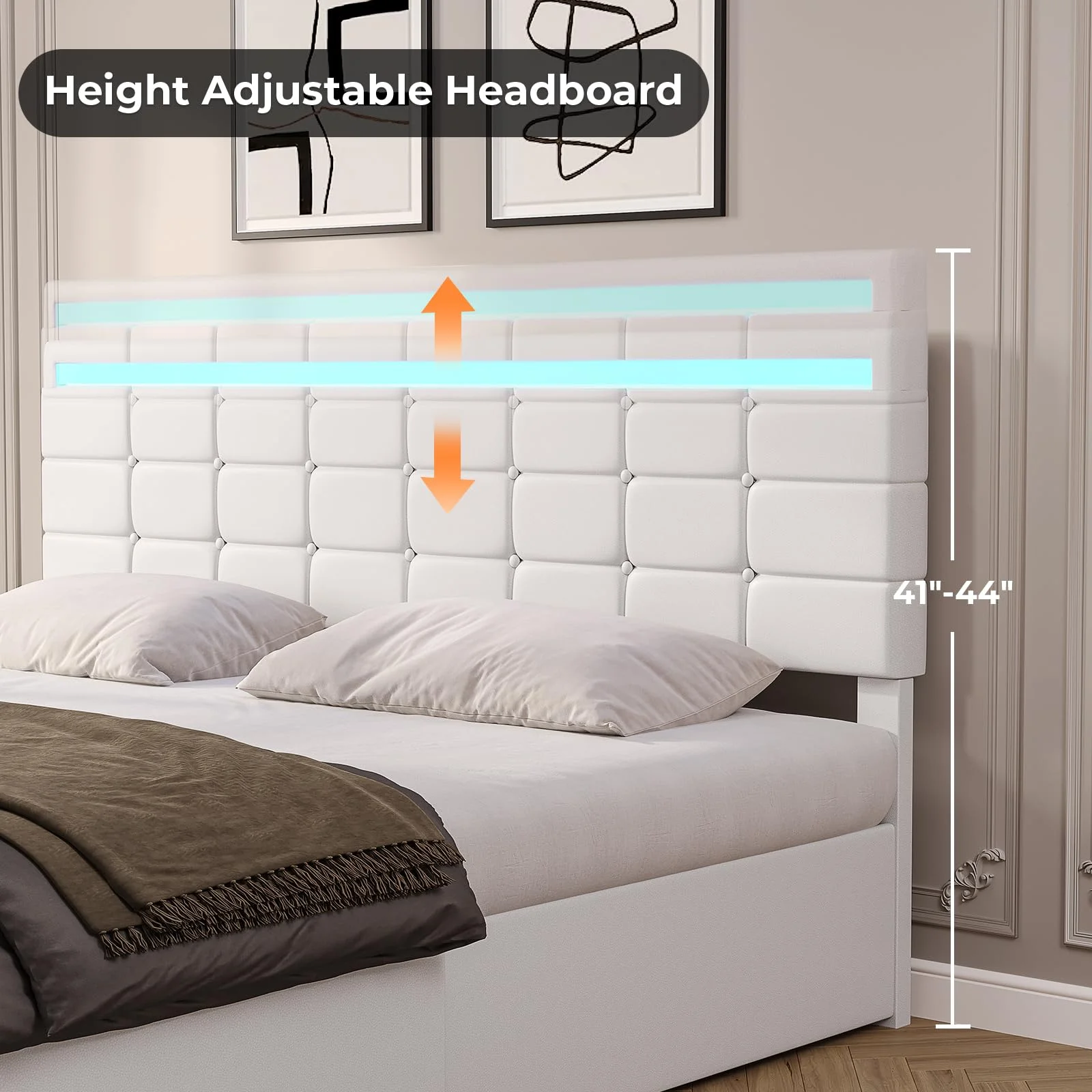 King Bed Frame with Storage Drawers, Platform Bed Frame with LED Lights and USB Port,Leather Upholstered Headboard,Wooden Slats,White