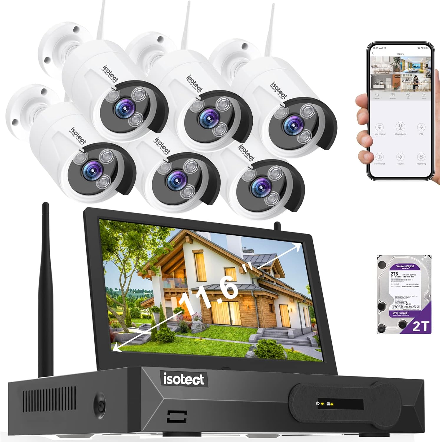 [Newest Strong Version]ISOTECT 11.6''Monitor,High-efficiency Video Coding Monitoring NVR Wireless Security Camera System