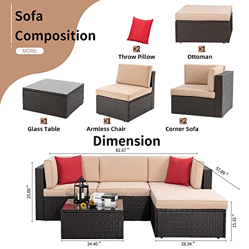 Shintenchi 6 Pieces Patio Furniture Sets Outdoor All-Weather Sectional Patio Sofa Set PE Rattan Manual Weaving Wicker Patio Conversation Set with