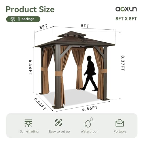 Aoxun 12'x10' Hardtop Gazebo, Aluminum Frame Permanent Pavilion with Curtains and Netting, Outdoor Polycarbonate Double Roof Canopy