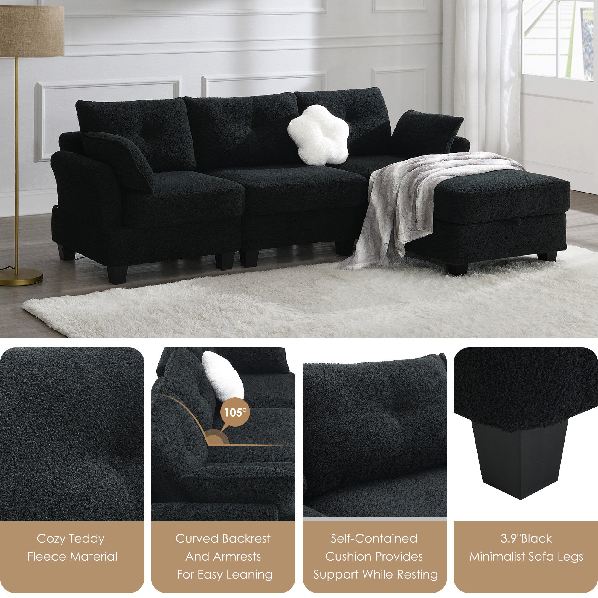 Fayen Velvet Sectional Sofa with Storage Ottoman - Black
