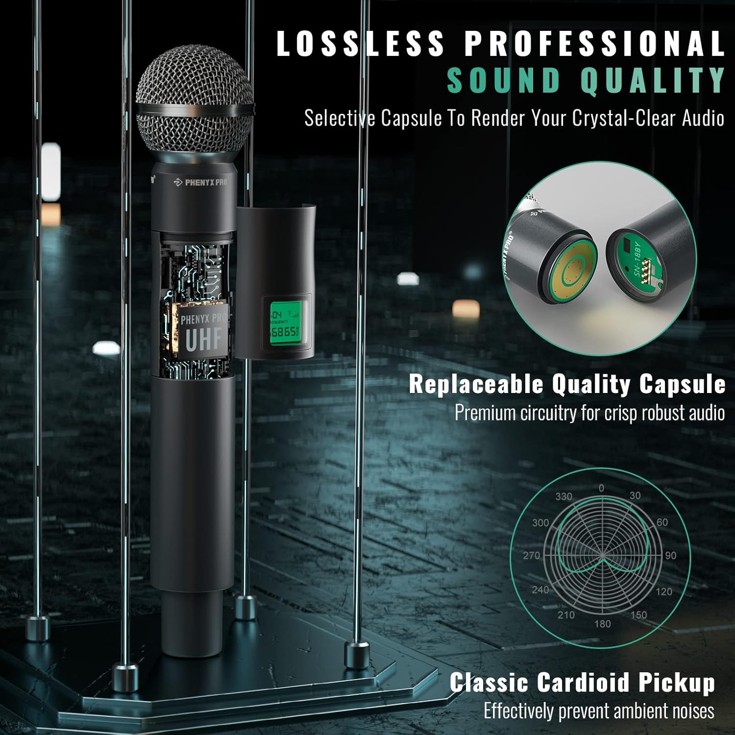 Phenyx Pro Wireless Microphone System, 4-Channel UHF Wireless Mic, Fixed Frequency Metal Cordless Mic with 4 Handheld Dynamic Microphones