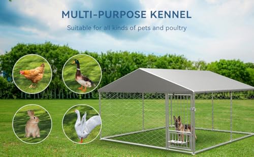 Large Outdoor Dog Kennel, Heavy Duty Galvanized Steel Dog Enclosure, Chicken Coop with Waterproof UV-Resistant Cover