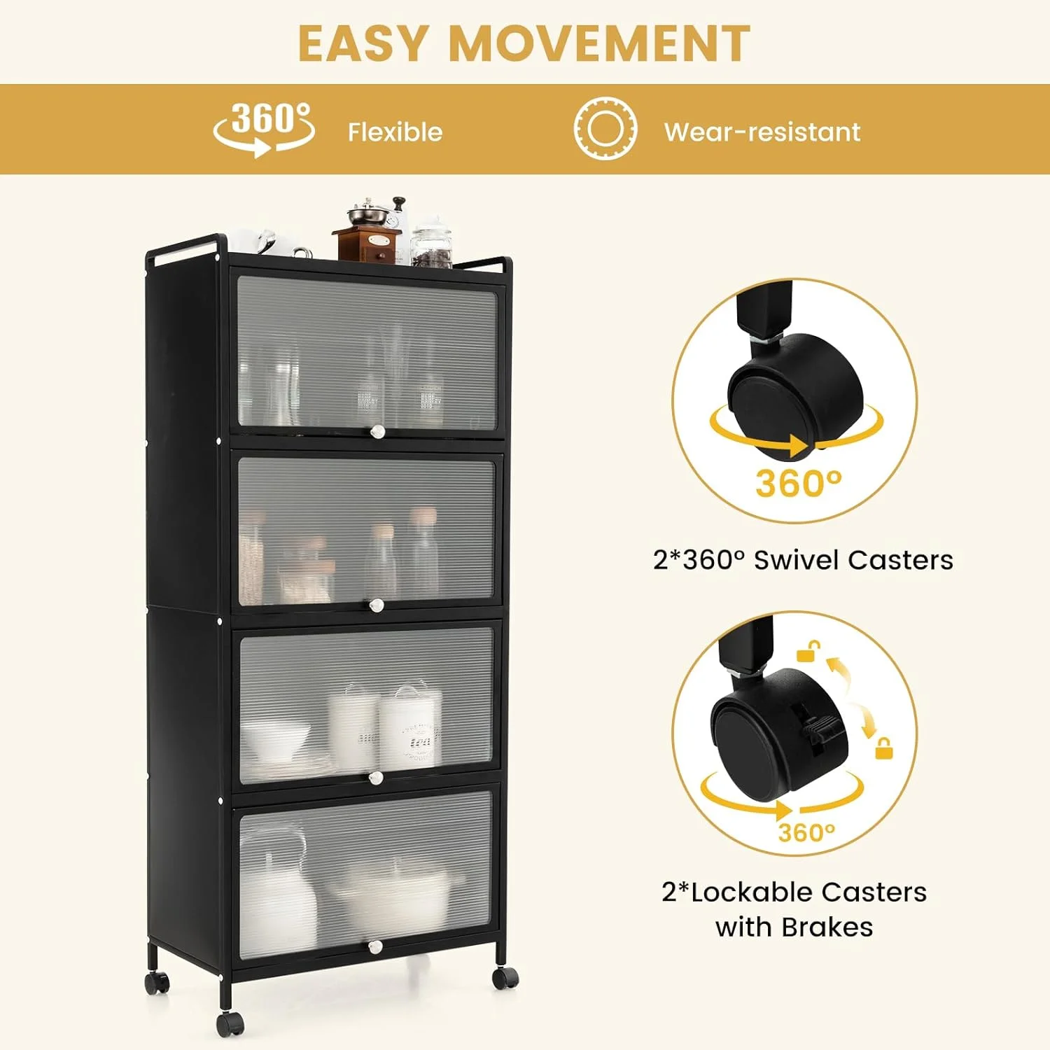 TJUNBOLIFE 5-Tier Kitchen  Cabinet  Freestanding Baker\u2019s Rack with 4 Rolling Casters  Mobile Microwave Stand with Double Anti-toppling Device
