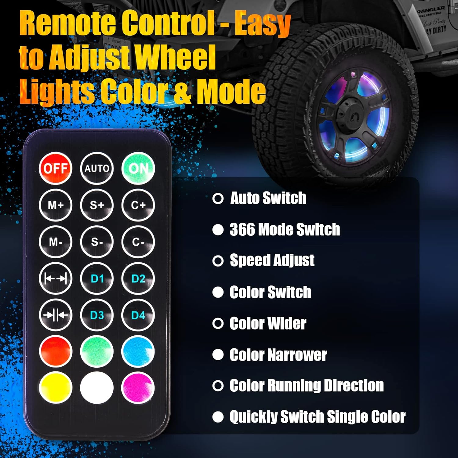 Funomo LED Wheel Lights for Truck / Car / ATV / UTV, Tires Lights with Color Chasing, DIY Color and Dynamics, Adjustable Brightness, IP67 Waterproof
