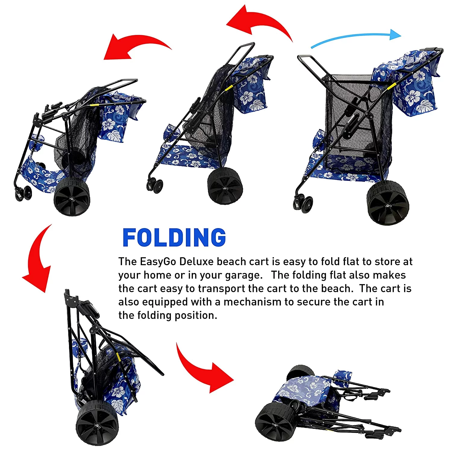 Beach Umbrella Wagon Cart Deluxe  Heavy Duty Folding Ocean Utility Cart  Large Sand Wheels  Holds 4 Beach Chairs  Storage Pouch