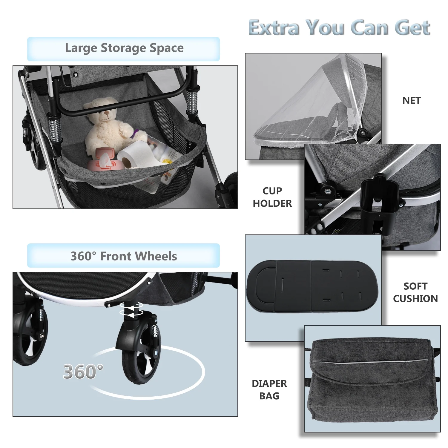 AILEEKISS 2 in 1 Convertible Baby Stroller, Unisex Folding Infant Newborn Bassinet Pram, Dark Grey