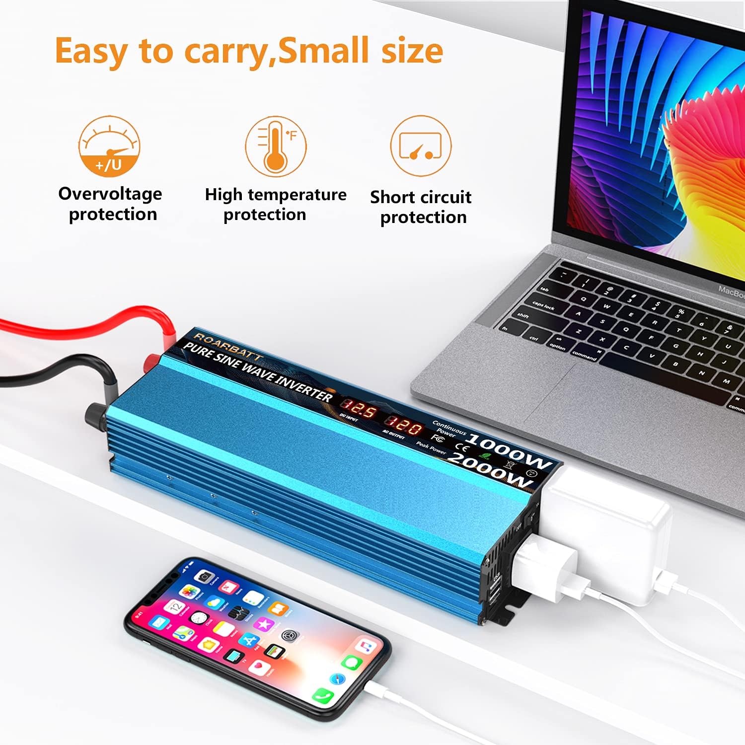 ROARBATT Pure Sine Wave Inverters 1000W Continuous/2000W Peak DC 12V to AC 110V Car Power Inverter 2 AC Outlets & 3.4A USB Output