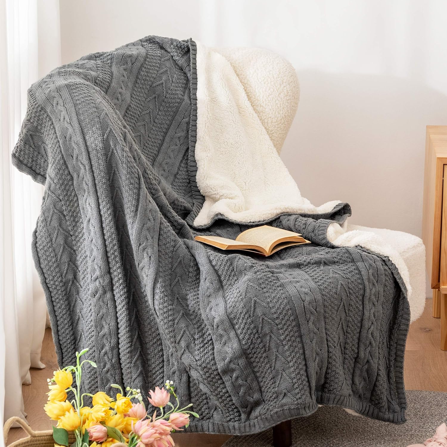 Cable Knit Sherpa Throw Blanket
