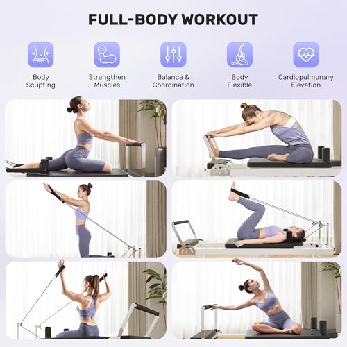 Pilates Reformer, Foldable Pilates Machine & Equipment for Home and Gym Workout with Dual Resistance and Adjustable Height Pulleys