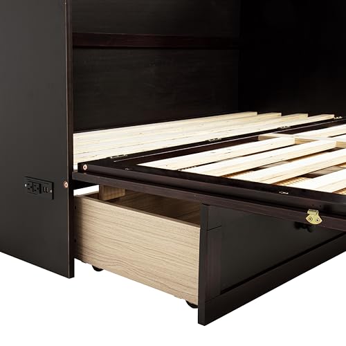 KEIKI Queen Murphy Bed Cabinet with Charging Station & Rattan Design – Space-Saving Wall Bed with Large Storage Drawer