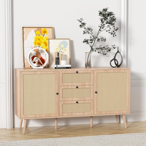 Rattan Sideboard Buffet Cabinet Boho Rattan Storage Cabinet with 2 Doors and 3 Drawers Accent Cupboard Console Table with Adjustable Shelves for