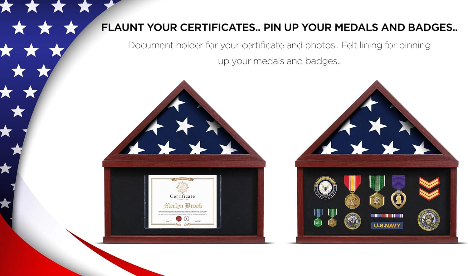 Flag Case for American Veteran Burial Flag Flag Display Case for Burial Flag Military Shadow Box 95% Clear with Felt Lining Holder for Medal Document