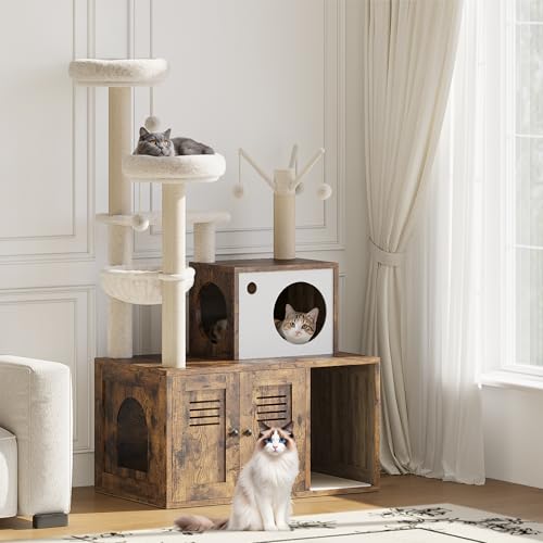 Litter Box Enclosure with Cat Tree Tower and Condo,Hidden Pet Washroom Furniture with Sisal Scratching Post,Hammocks,Condo,Multiple Platform
