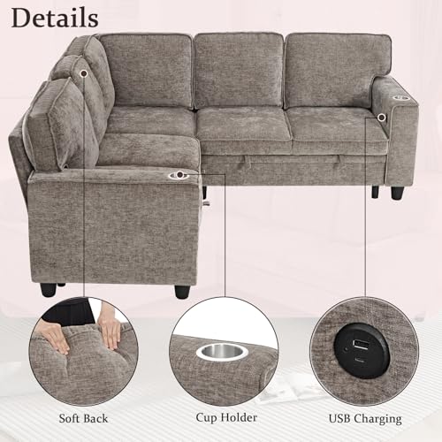 L-Shaped Pull Out Sleep Sofabed,Modern Reversible Sleeper Sectional Sofa Chenille Upholstered Button Tufted Decor with Storage Chaise