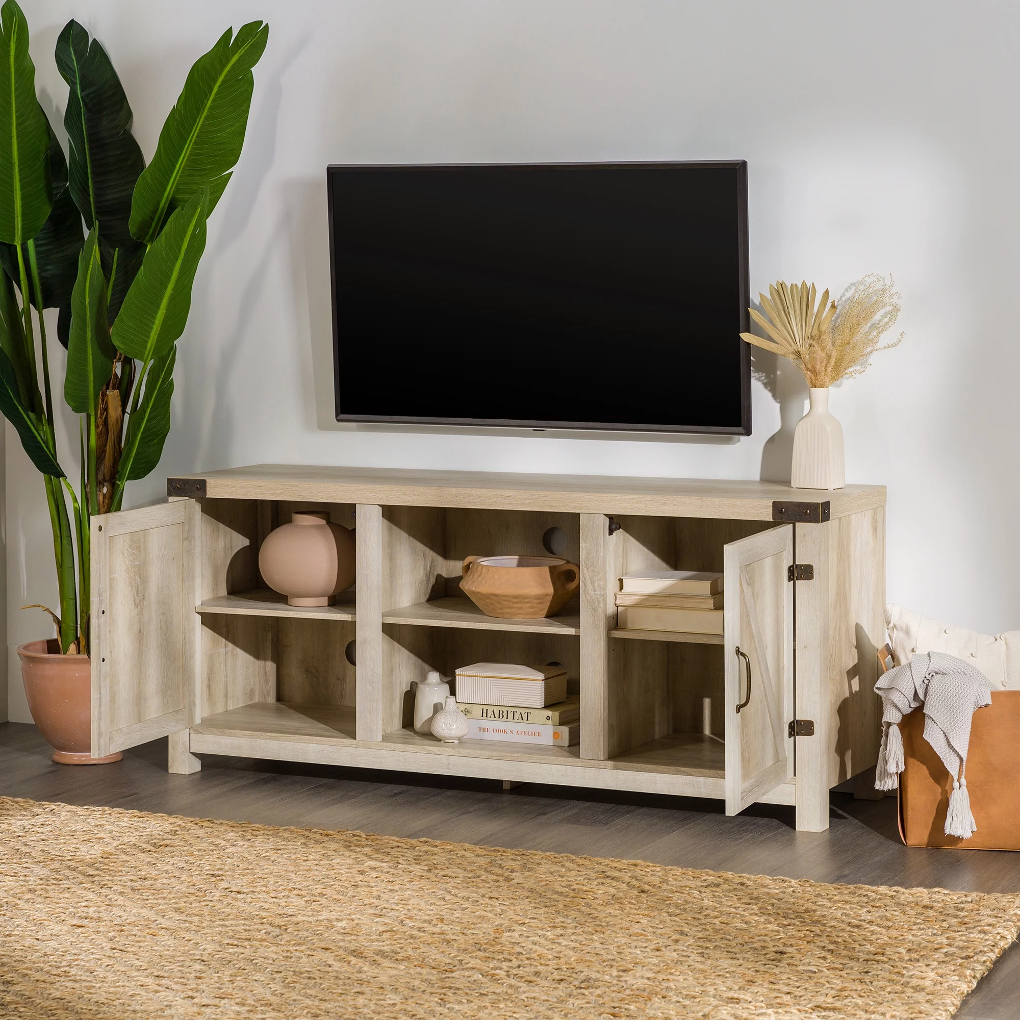 Walker Edison Modern Farmhouse Barn Door TV Stand for TVs up to 65, Grey Wash