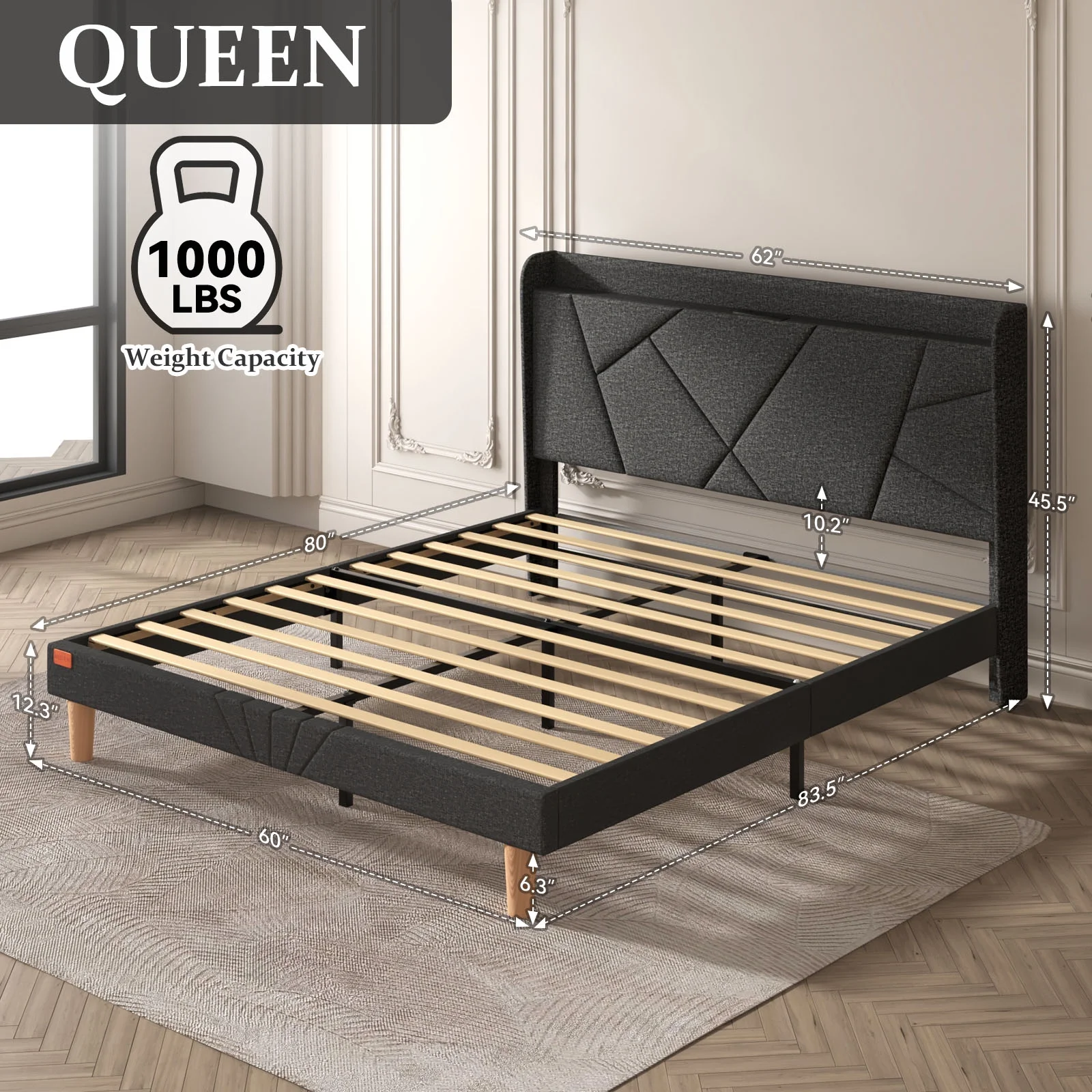 NISIEN Queen Bed Frame with Charging Station, Upholstered Platform Bed Frame with Wingback Storage Headboard, No Box Spring Needed, Dark Grey