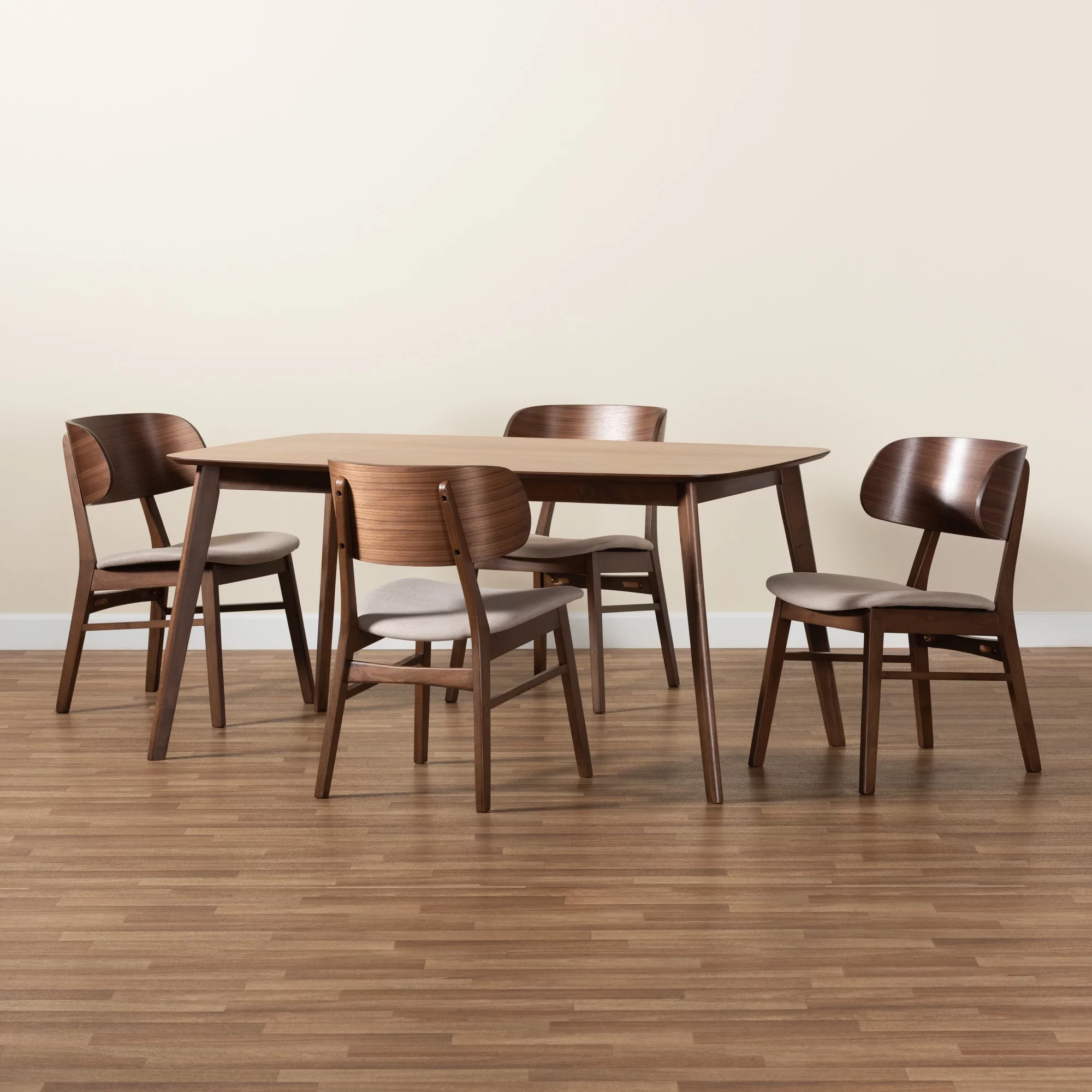 Baxton Studio Alston Mid-Century Modern Beige Fabric Upholstered and Walnut Brown Finished Wood 5-Piece Dining Set