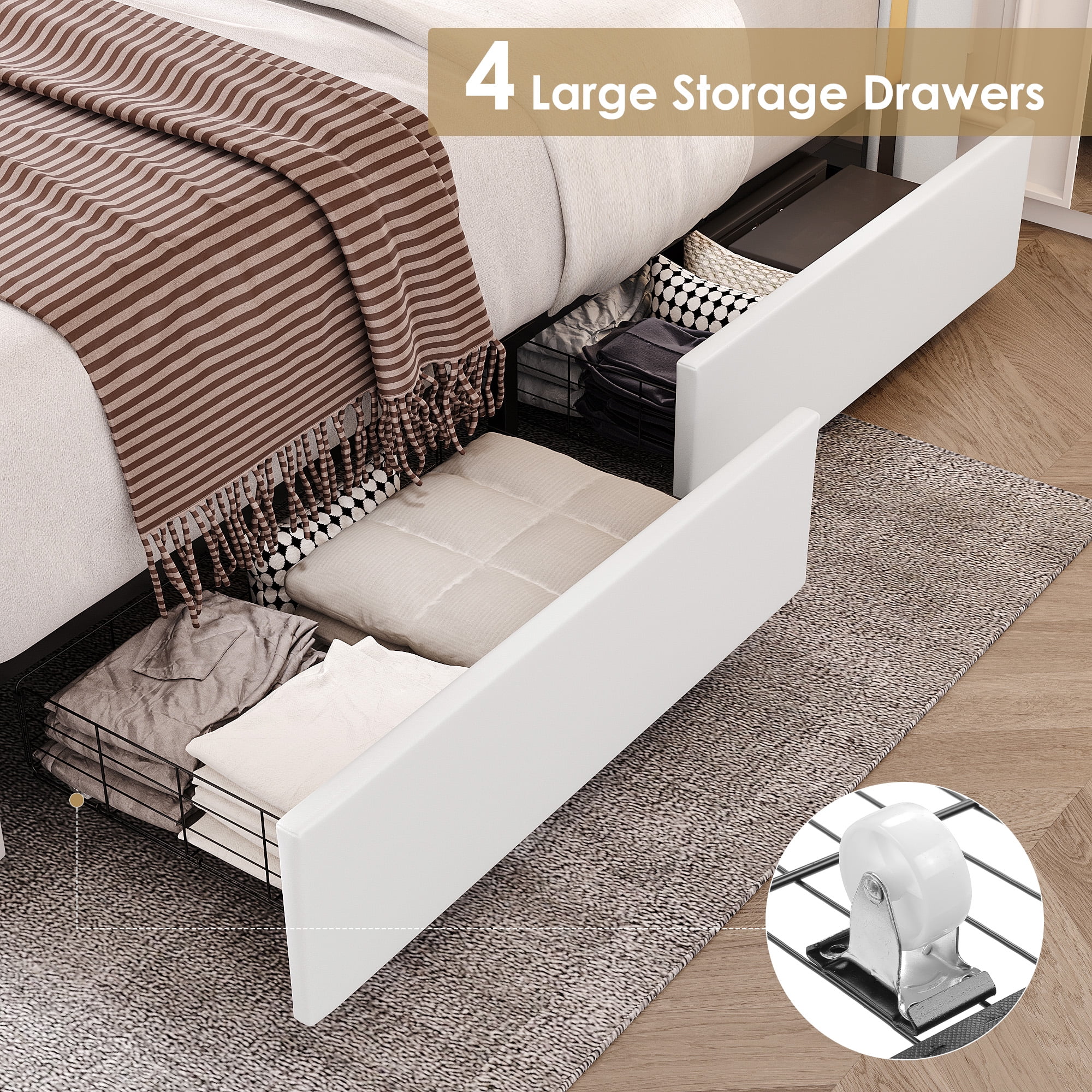 Homfa Full Size LED Bed Frame with 4 Storage Drawers, PU Leather Upholstered Platform Bed with Crystal Buttons Headboard, White