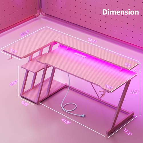 55 Inch Gaming Desk with Power Outlet & LED Lights, L Shaped Gamer Computer Table with Storage Shelves for Bedroom, Corner Home Office Desk