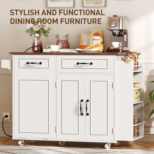 Kitchen Island with Power Outlet & Drop Leaf, Mobile Rolling Cart with Trash Can Storage, 3-Tier Spice Rack,Island Table for Kitchen, Dining Room