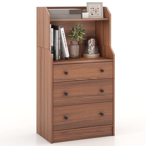 LOKO 3 Drawers Dresser with Shelves, Tall Nightstand with 2 Open Shelves, Modern Chest of Drawers with Anti-Toppling Device