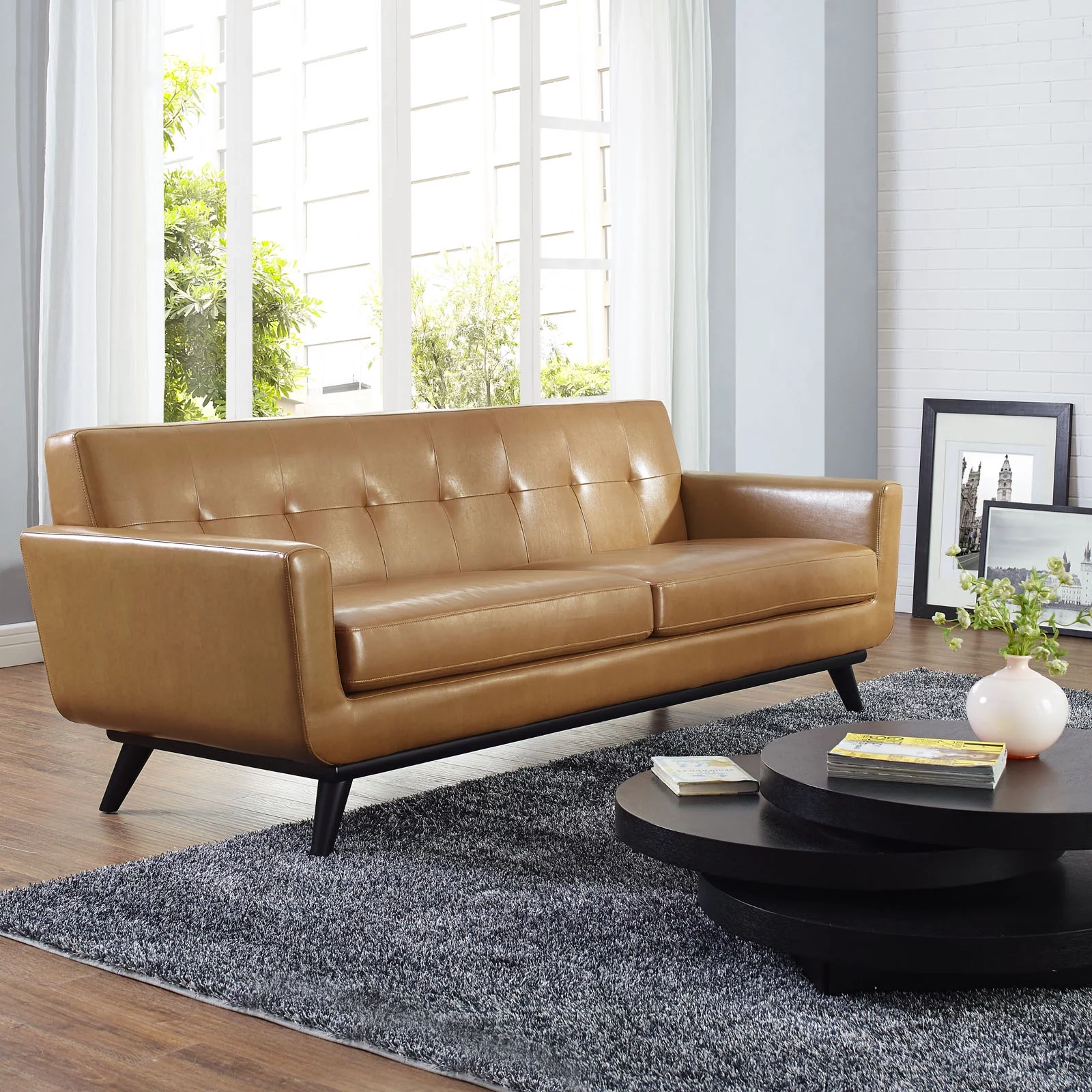 Modern Contemporary Leather Sofa, Brown Leather