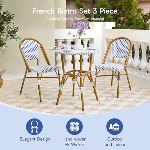3 Piece Patio Bistro Set, French Wicker Outdoor Bistro Set with Round Table and 2 Dining Chairs, ‎Aluminum Furniture