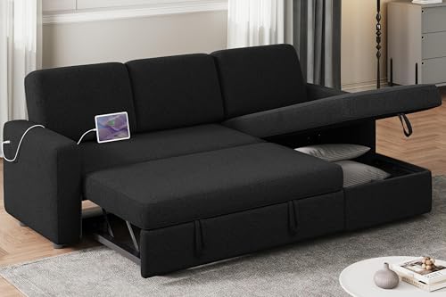 Yaheetech Sectional Sofa L-Shaped Sofa Couch Bed w/Chaise & USB, Reversible Couch Sleeper w/Pull Out Bed & Storage Space Living Room Black