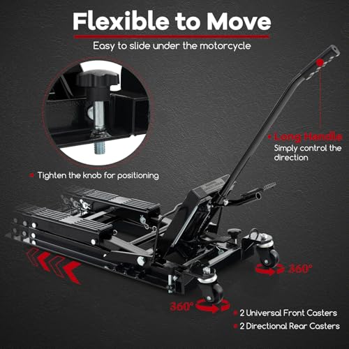 Goplus Motorcycle Lift, 1500 LBS Hydraulic ATV Scissor Jack with Footplates & Long Handle, 2 Ratchet Belts, 4 Wheels, 4.7”-15” Lifting Range