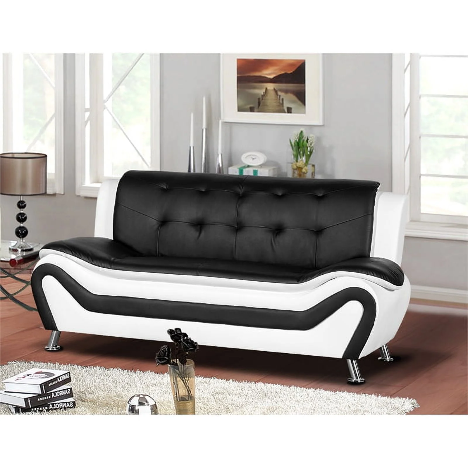 Home Square 3-Piece Set with Sofa and 2 Club Chairs in Black & White
