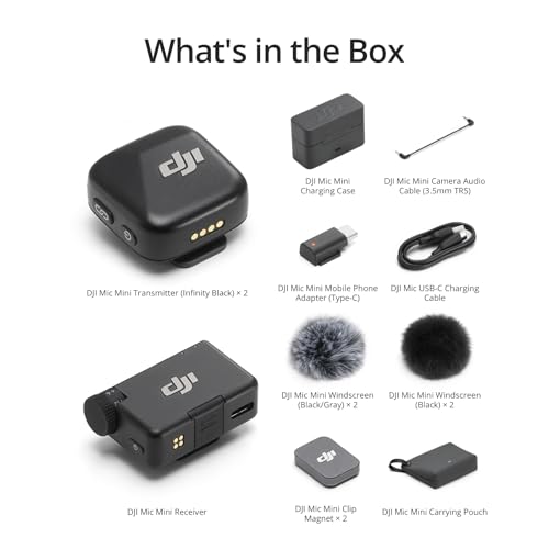 DJI Mic Mini (2 TX + 1 RX + Charging Case), Wireless Microphone for iPhone/Camera/Android, Ultralight, Detail-Rich Audio, 48h Use, Noise Cancelling