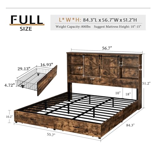 VanAcc Full Size Bed Frame, Wooden Platform Storage Bed with 51.2" Bookcase Headboard, 2 Drawers