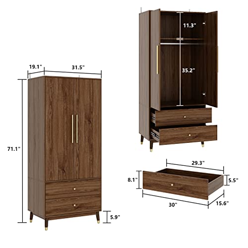 Homsee Wardrobe Armoire with 2 Doors, 2 Drawers, Hanging Rod & 2 Compartments, Wooden Closet Storage Cabinet with Gold Handles for Bedroom