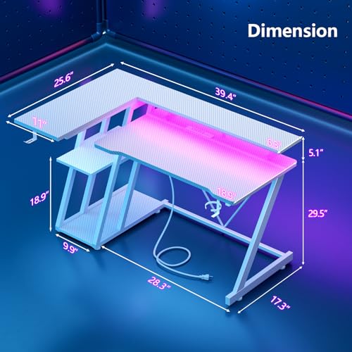 55 Inch Gaming Desk with Power Outlet & LED Lights, L Shaped Gamer Computer Table with Storage Shelves for Bedroom, Corner Home Office Desk