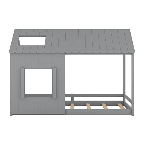 Harper & Bright Designs Twin Size Kids House Bed, Montessori Floor Bed Twin with Roof and Window