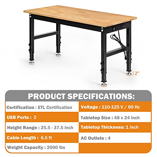 48" Heavy Duty Adjustable Workbench with Large Pegboard, Adjustable Work Table with Power Outlets & Lockable Wheels