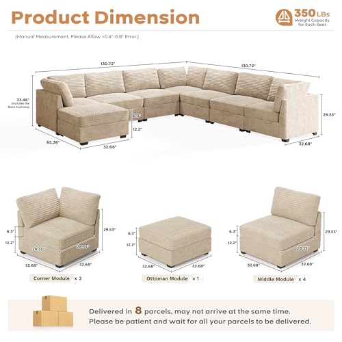 ovios 130.7" Modular Sectional Sofa Couch, U-Shaped Cloud Couches with 2 Ottomans Chaise