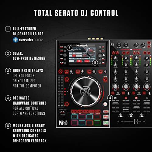 Numark NV II | Four Deck DJ Controller for Serato DJ (Included) With Dual High Resolution Displays, 16 Performance Pads and 5-Inch Metal Platters