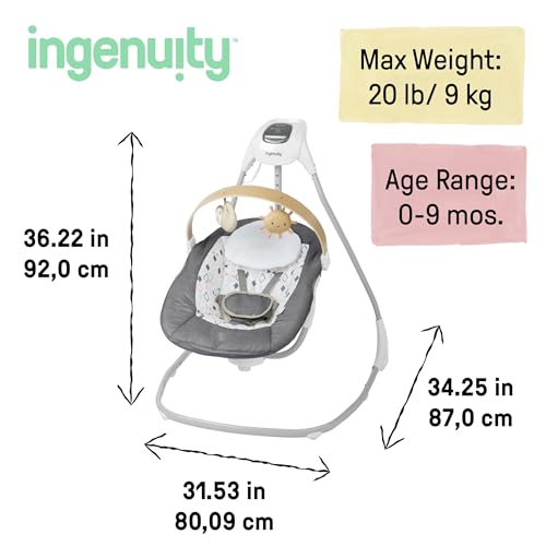 Ingenuity SimpleComfort Lightweight Compact 6-Speed Multi-Direction Baby Swing, Vibrations & Nature Sounds, 0-9 Months 6-20 lbs (Pink Cassidy)
