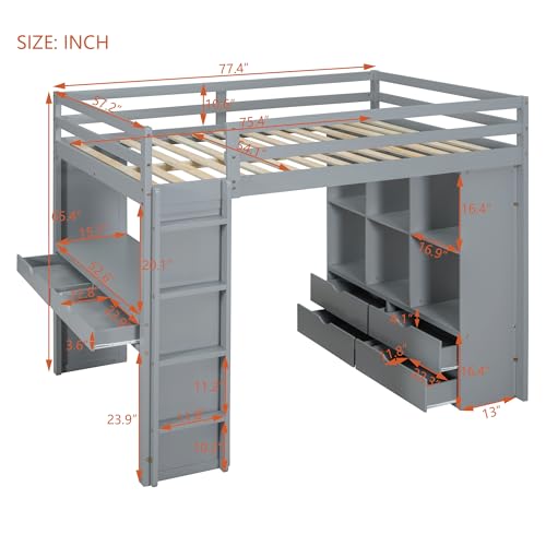 Full Size Loft Bed with Desk & Wardrobe, Solid Wood Kids Loft Bedframe w/3 Storage Drawers & 2 Shelves, Maximum Space Design, for Bedroom, Dorm, Gray