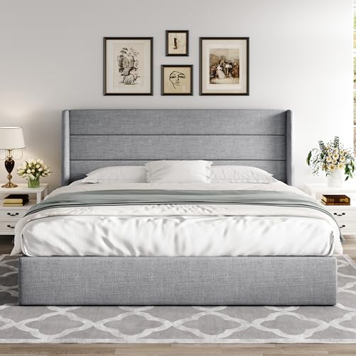 Allewie Full Size Lift Up Storage Bed, Modern Wingback Headboard, Hydraulic Support, No Box Spring Needed, Light Beige
