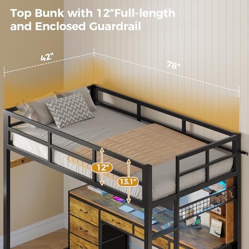 ADORNEVE Full Size Loft Bed with Desk and 8 Storage Drawers, Metal Loft Beds Full with LED Lights & Charging Sation