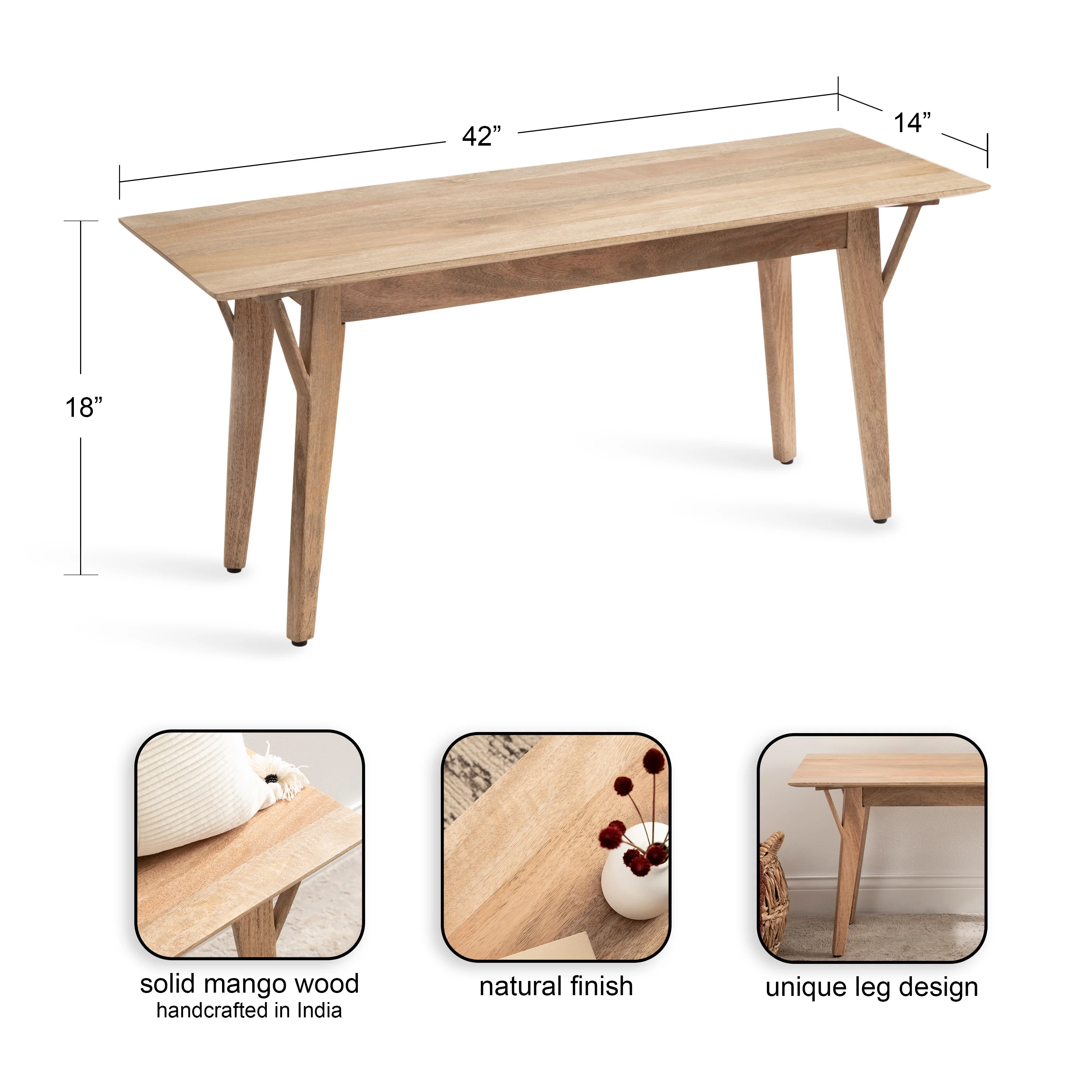 Kate and Laurel McCutcheon Mid-Century Rectangle Wooden Bench, 42 x 14 x 18, Natural Brown, Living Room Wood Bench for Display, Seating