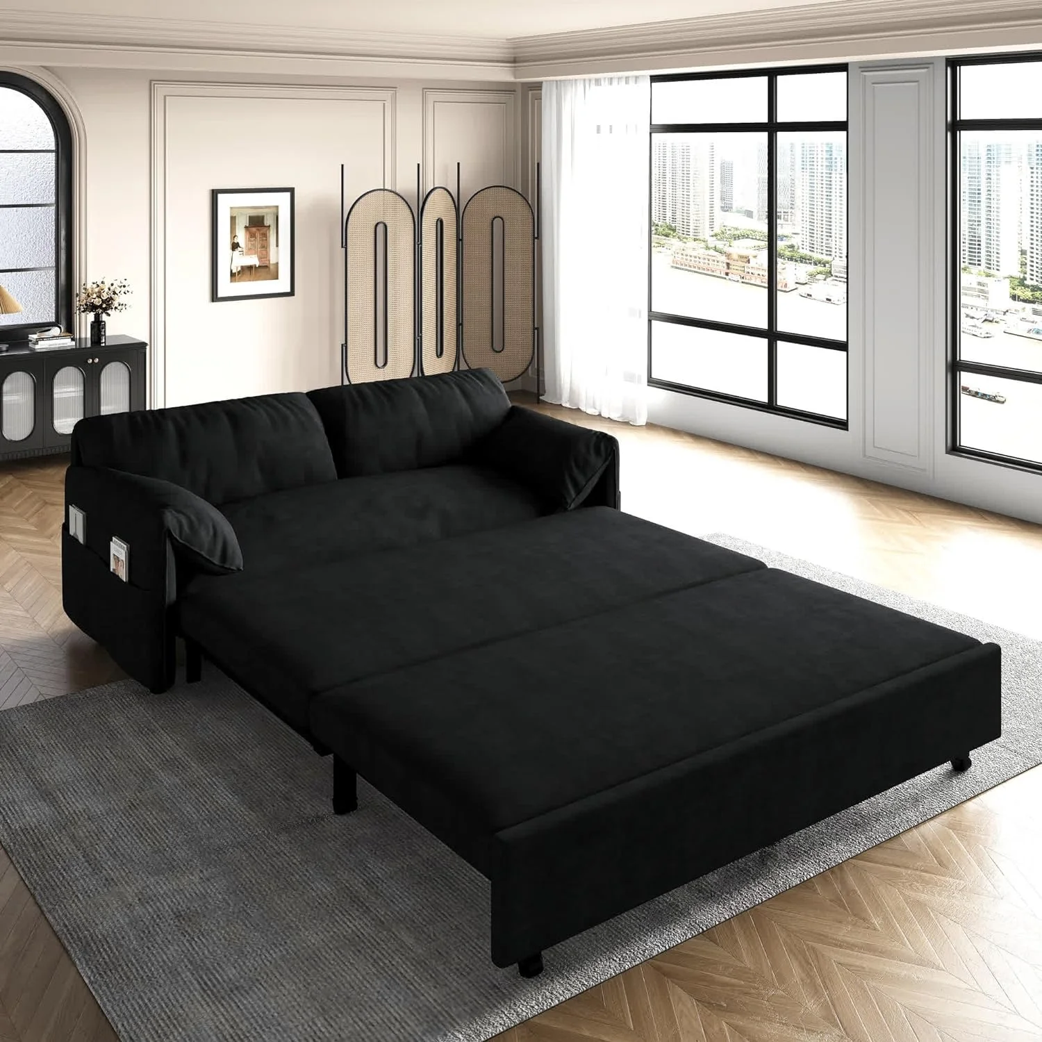 Tabaray 63.8" Futon Sofa Bed Queen Size, Pull Out Bed, 3-in-1 Convertible Sleeper Sofa with Side Pocket, Modern Velvet Futon Couch for Living Room