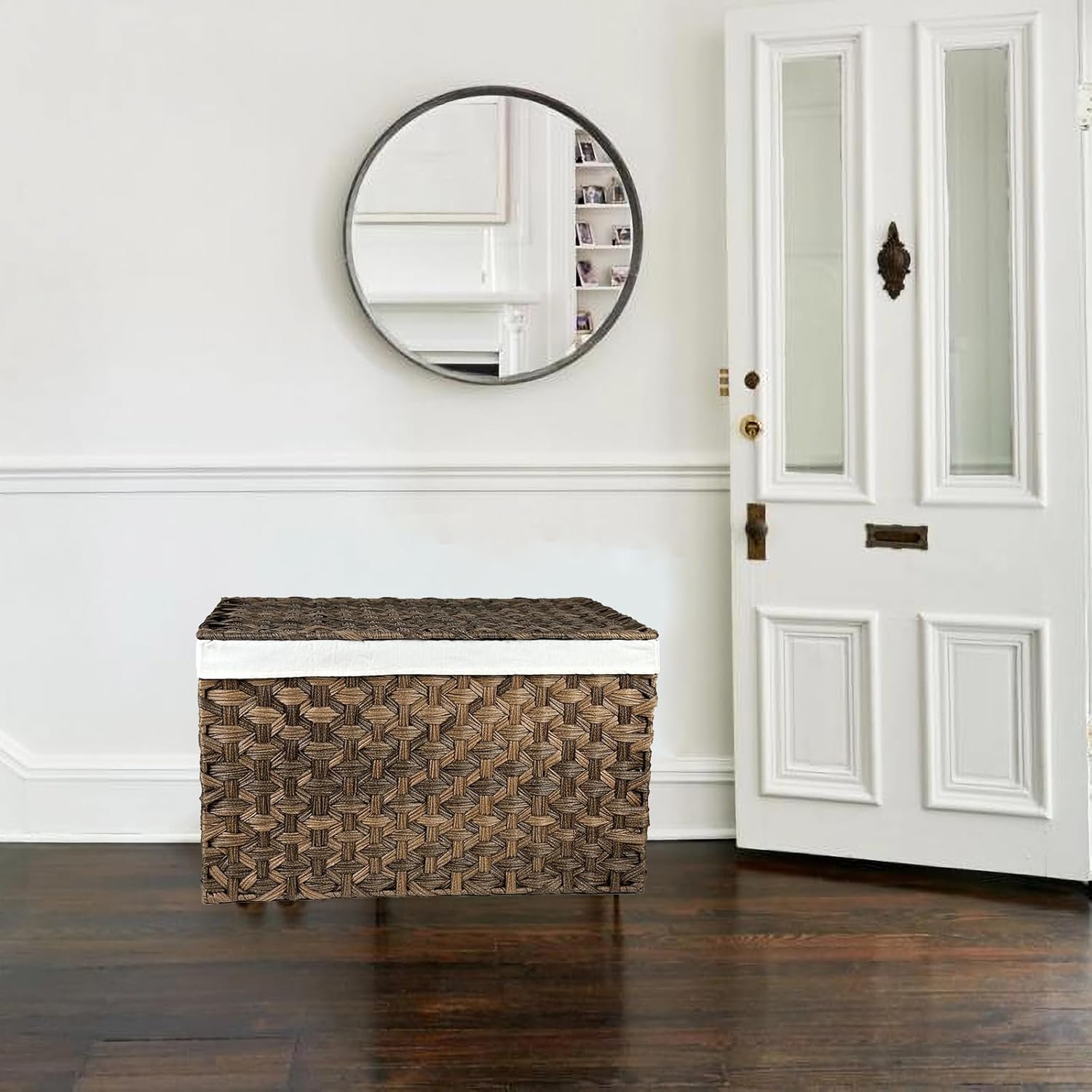 Wicker Storage Basket with Lid, 27.7 Gallon (105L) Large Blanket Basket with Lid, Woven Storage Bin with Handles, Removable Liner, Metal Frame